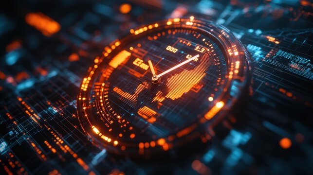 A futuristic digital clock with glowing orange elements, set against a dark background filled with data patterns and technology motifs.