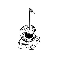 Vector isolated image of Canape, small sandwich strung on skewer. Snack for alcohol, appetizer. Single black and white sketch on white background.