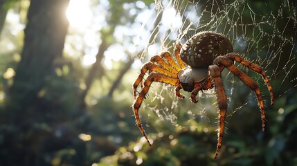 A close-up of a spider in its web, illuminated by soft sunlight in a forest setting.