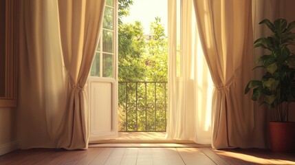 Sun-drenched balcony view with flowing curtains creates a cozy atmosphere at home