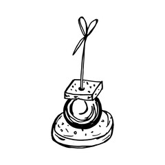 Vector isolated image of Canape, small sandwich strung on skewer. Snack for alcohol, appetizer. Single black and white sketch on white background.