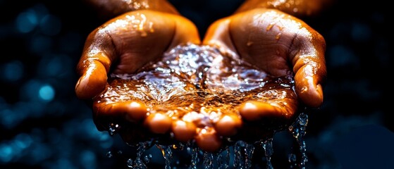 Close-up of african male hands collecting water under splashing stream