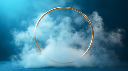 Obraz premium Artistic golden ring surrounded by swirling fog on a blue background