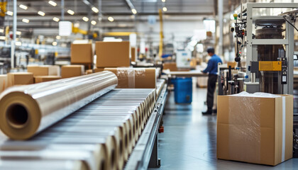 A spacious factory hall is dedicated to producing uncoated paper, showcasing efficient machinery and organized packaging processes amidst a busy working environment