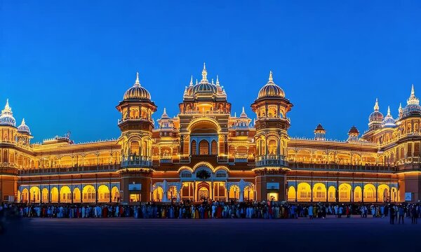 A grand view of Mysore Palace illuminated at night, with crowds gathering for the evening light show