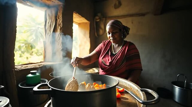 Warm Light Illuminates African Woman Stirring Stew in Rustic Kitchen