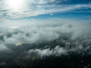 Aerial view Beautiful natural landscape Rainforest mountains in the sunrise or sunset time,Natural scenery tropical forest and fog in asia,Wide angle view drone shot