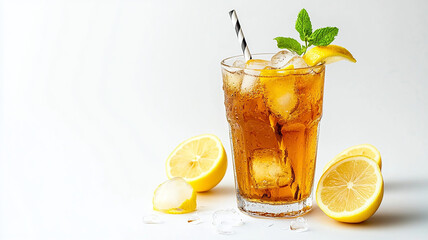 Fototapeta premium Glass of lemon ice tea isolated on white background