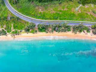 Top view Beautiful beach nature sea,Amazing landscape waves crashing on sand in summer background,Wide angle drone shot