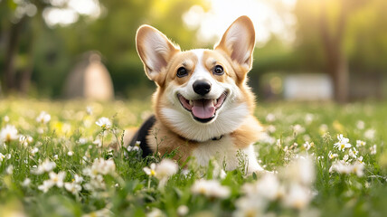 Happy welsh corgi dog lying on blooming spring grass