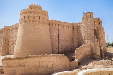 Panorama of walls and towers of Abrand Castle in Shahadiyeh, near Yazd, Iran. It is large two-level fortress, monument of Sassanid era. Building traditionally built of clay. Another name: Abrand-abad
