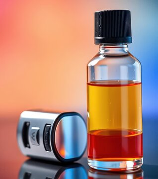Close-up of an e-cigarette device and e-liquid bottle, smoking, tobacco alternative, nicotine