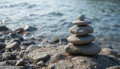 Tranquil Stack of Smooth Stones on a Peaceful Riverbank