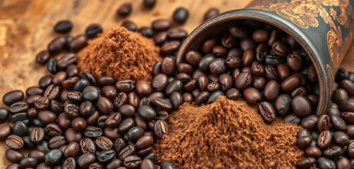 Dark roasted coffee beans and freshly ground coffee powder in a rustic setting, dark brown, beverage