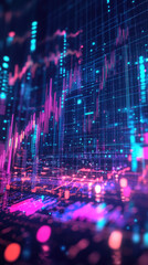 c. A vibrant holographic display of stock market data, including rising trends, numerical analytics, and futuristic design elements. 