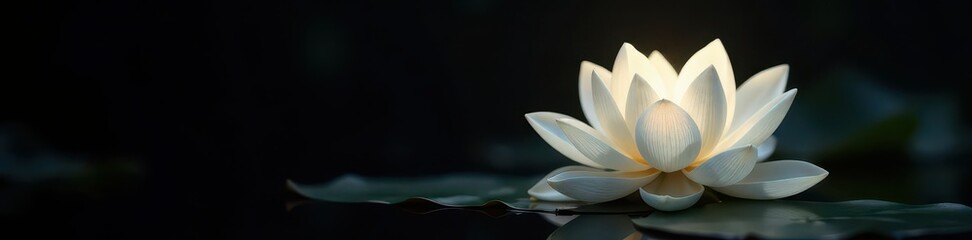 Fototapeta premium Glowing white lotus flower, soft light on black backdrop , background, sacred, serene