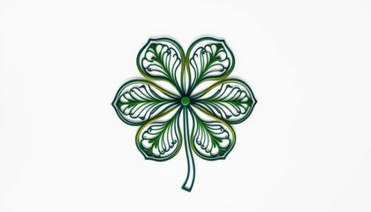 Intricate, stylized clover leaf design on pure white backdrop, elegant, digital