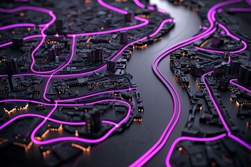 The concept of a megacity, digitization, and the metaverse is illustrated through a low-poly miniature city with dark skyscrapers and dramatic lighting, as seen from an aerial view of Dubai's
