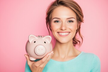 The image features a cheerful and optimistic young girl clutching a money savings bank pig set against a vibrant pink background