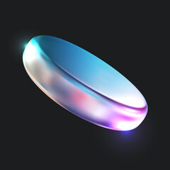 Abstract 3d geometric shape from colorful glass or iridescent chromatic metal isolated on black background. Realistic vector cylindrical object. Modern futuristic design element.