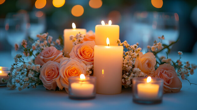 Romantic table setting with candles and roses creating a warm atmosphere for a special evening