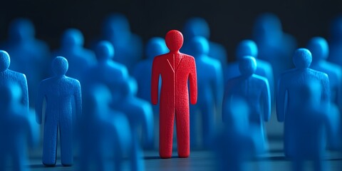 A red human figure standing out from a crowd of blue silhouettes  long title A striking 3D render depicting a solitary red human figure standing