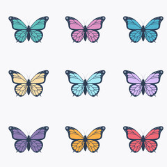 set of butterflies of different colors on a white background