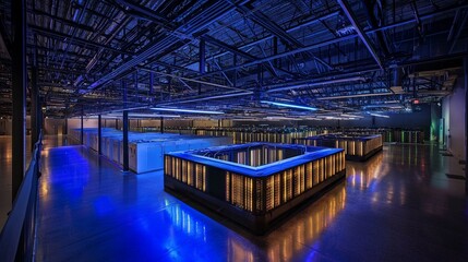 Fototapeta premium The concept of the Internet of Things, data flow, and digitalization of internet traffic is visualized in a modern data technology center, where server racks are housed in a dark room with VFX,