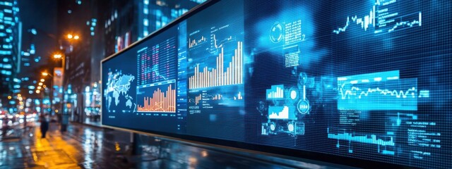 Obraz premium Urban Night View of Digital Data Visualization on City Billboard
