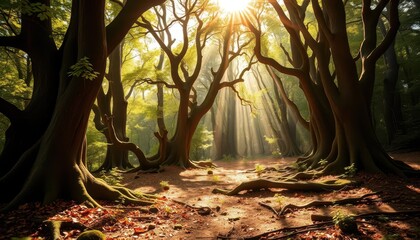Ancient gnarled trees, sun-dappled forest floor, magical dust motes, brown, storybook