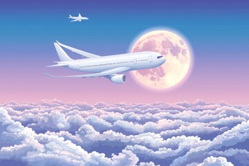 Fototapeta premium The image of an airplane flying above the clouds under a sunny sky, suitable for illustrating themes of travel, aviation, or thrilling adventures