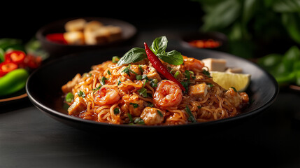 Fototapeta premium Mee Krob (หมี่กรอบ) – Crispy Fried Noodles with Sweet and Sour Sauce, Shrimp, and Tofu 