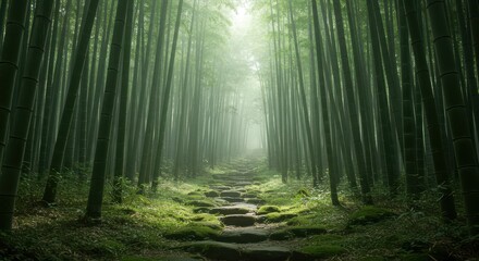Obraz premium Walking Path Through a Lush Bamboo Forest with Misty Atmosphere