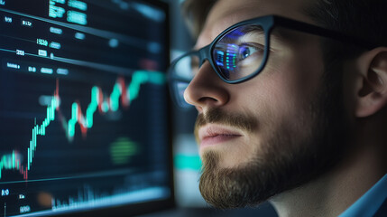 A banker wearing glasses analyzing stock market charts on a computer screen, bank worker, photo style