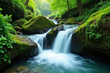 Serene cascading water over mossy rocks, lush green vegetation , stock photo, water, environment