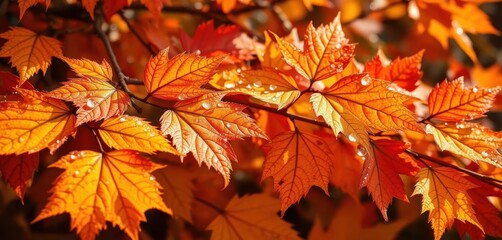 Fototapeta premium Crisp autumn leaves, glistening with morning dew, wood, drops