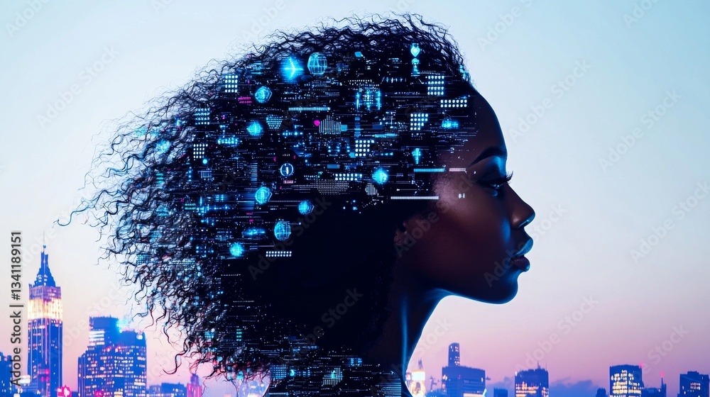 Fototapete this conceptual image shows a silhouette of a person made up of interconnected technology icons, rep