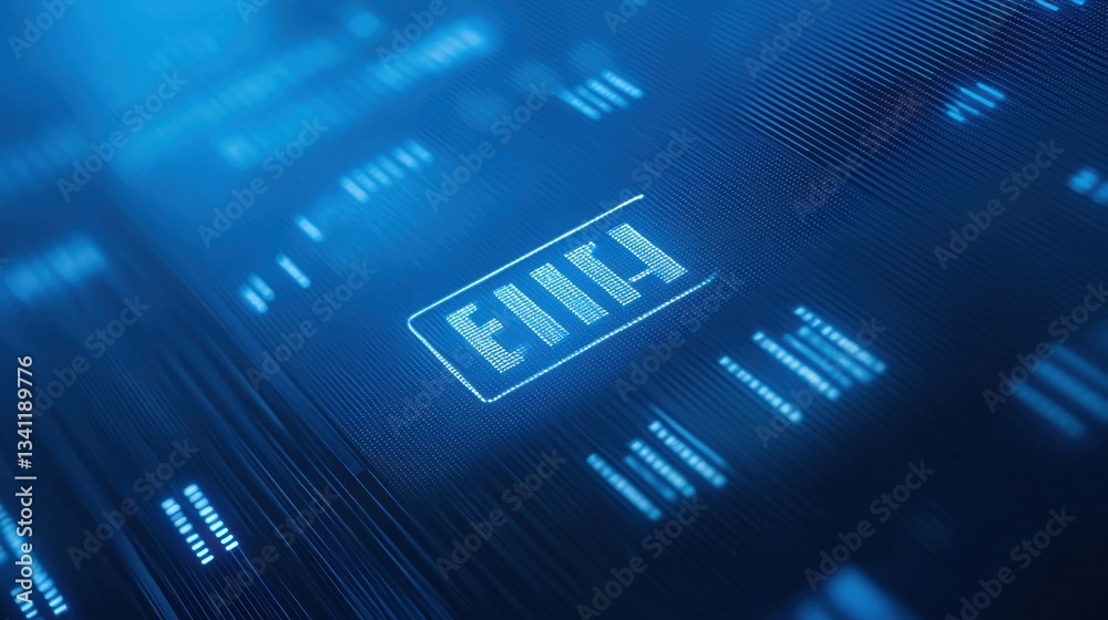 Poster digital data visualization with neon blue lines and patterns