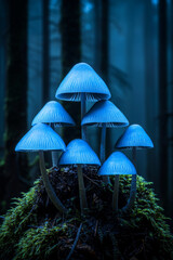 Fototapeta premium Mushrooms glowing in blue hues, surrounded by misty forest, create mystical atmosphere. Their unique shapes and colors evoke wonder