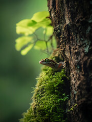 Camouflaged Leaf-Tailed Gecko Blending Seamlessly with a Mossy Tree Trunk