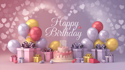 There are brightly colored gifts, shiny balloons, and an elegant celebration cake. A birthday illustration with a heart-shaped pattern background with the message 'Happy Birthday'.