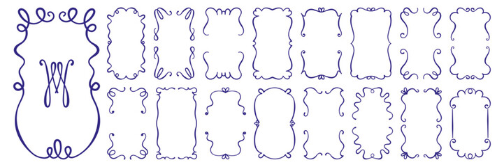 doodle hand drawn outline frame set. rectangular, oval shape vintage borders with curl, loop, wave, bow
