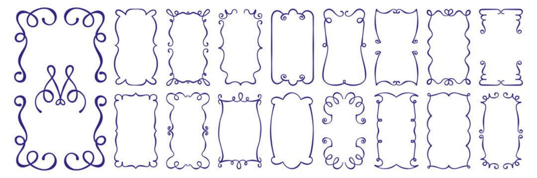 doodle hand drawn outline frame set. rectangular, oval shape vintage borders with curl, loop, wave, bow