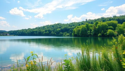Obraz premium Serene lakeside scene with tranquil water and lush greenery, untouched, beauty