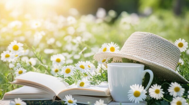 outdoor scene with a straw hat, an open book, a white cup, and blooming daisies in a sunlit meadow