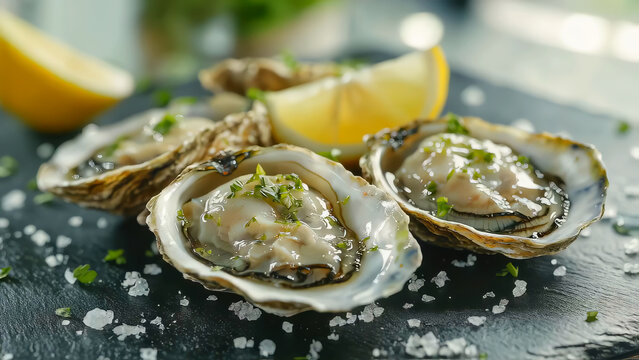 Exquisite luxury oysters minimalistic served in their natural shells on sleek black slate plate. Fresh lemon wedges, delicate greens, and coarse sea salt add elegant touch to delicate luxury oysters