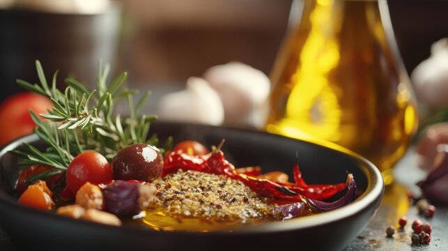 a Mediterranean-inspired dish with a rich blend of olives, cherry tomatoes, rosemary, red chili peppers, and spices