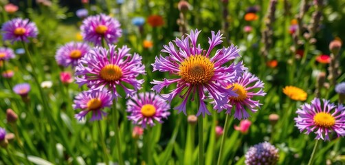 Fototapeta premium Sun-drenched purple allium flowers dominate a vibrant garden scene, macro, bloom