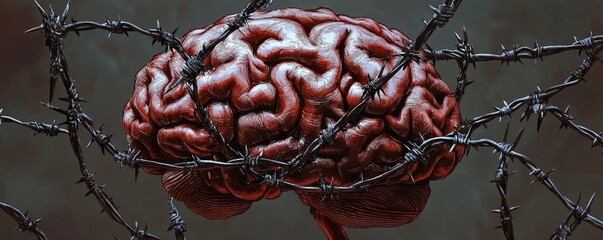 A vivid depiction of a brain entangled in barbed wire, symbolizing pain, restriction, and mental struggle.