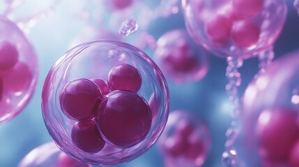 Pink spheres within translucent bubbles create a mesmerizing visual, suggesting themes of molecular biology or cellular structures in a vibrant, abstract style.